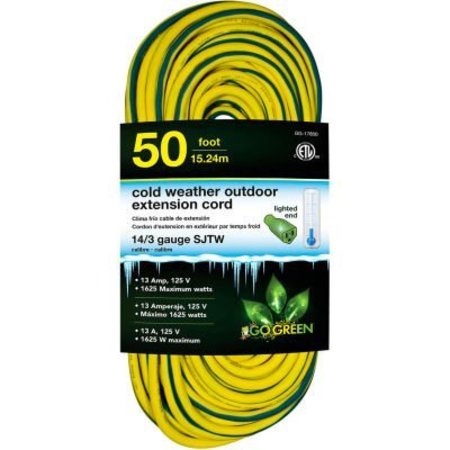GOGREEN GoGreen 14/3 50' Cold Weather Outdoor Extension Cord, Yellow w/Green Stripe. Lighted End GG-17850